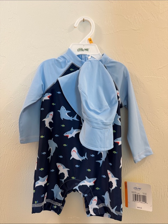 Little Me Other - Little Me Navy Shark Print Rashguard One-Piece with Light Blue Sleeves and Hat
